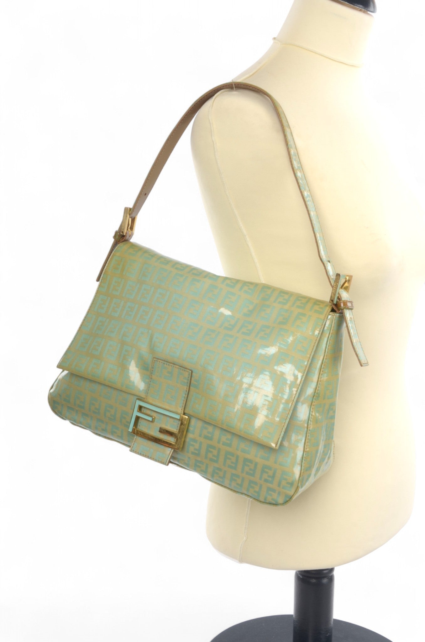 Fendi Mamma Baguette Zucca Shoulder Bag Handbag Patent Leather Vintage Turquoise Mint Designer Classic Rare Authentic