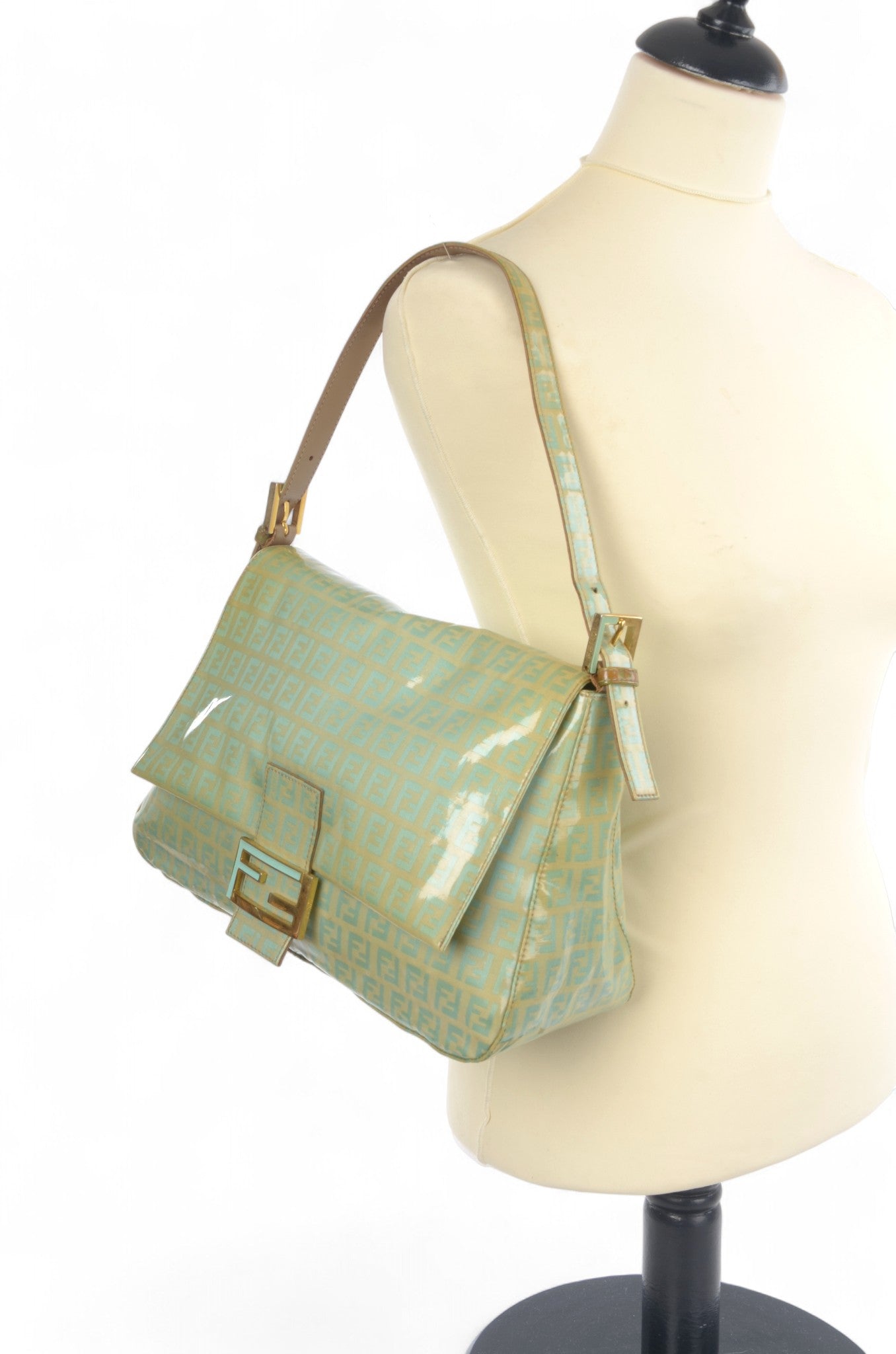 Fendi Mamma Baguette Zucca Shoulder Bag Handbag Patent Leather Vintage Turquoise Mint Designer Classic Rare Authentic