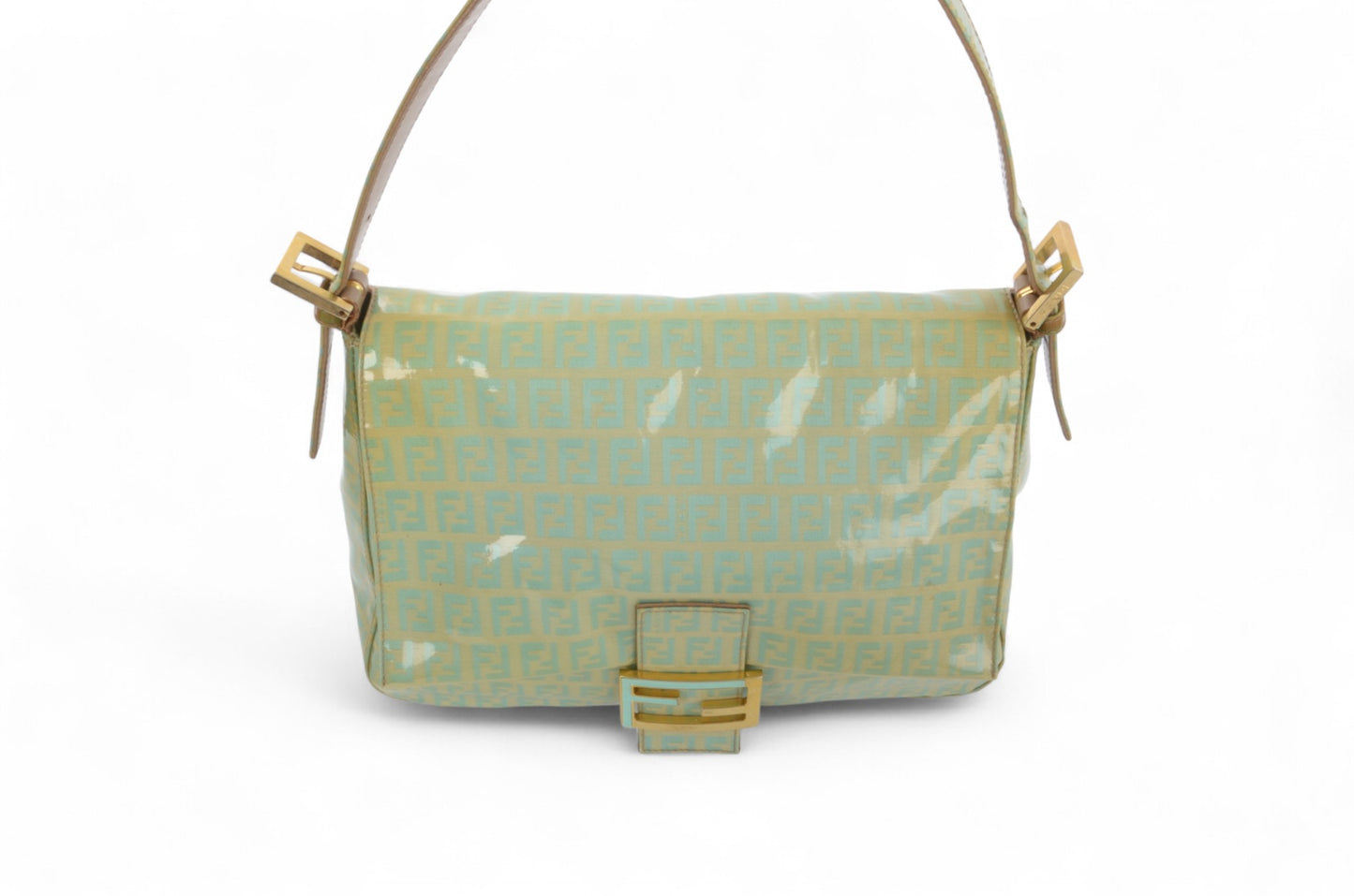 Fendi Mamma Baguette Zucca Shoulder Bag Handbag Patent Leather Vintage Turquoise Mint Designer Classic Rare Authentic