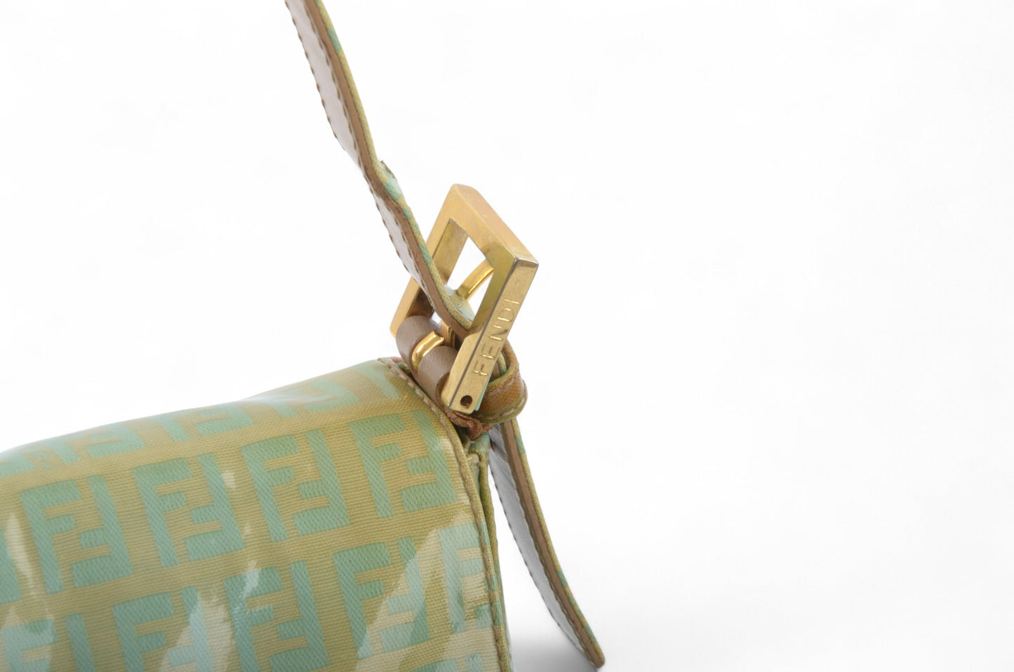Fendi Mamma Baguette Zucca Shoulder Bag Handbag Patent Leather Vintage Turquoise Mint Designer Classic Rare Authentic