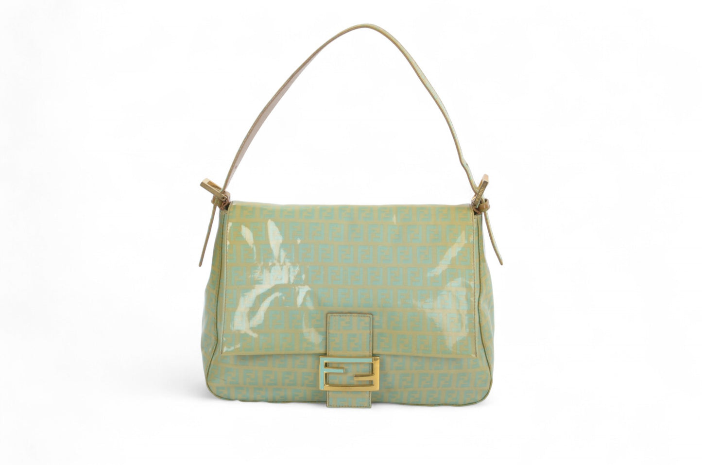 Fendi Mamma Baguette Zucca Shoulder Bag Handbag Patent Leather Vintage Turquoise Mint Designer Classic Rare Authentic