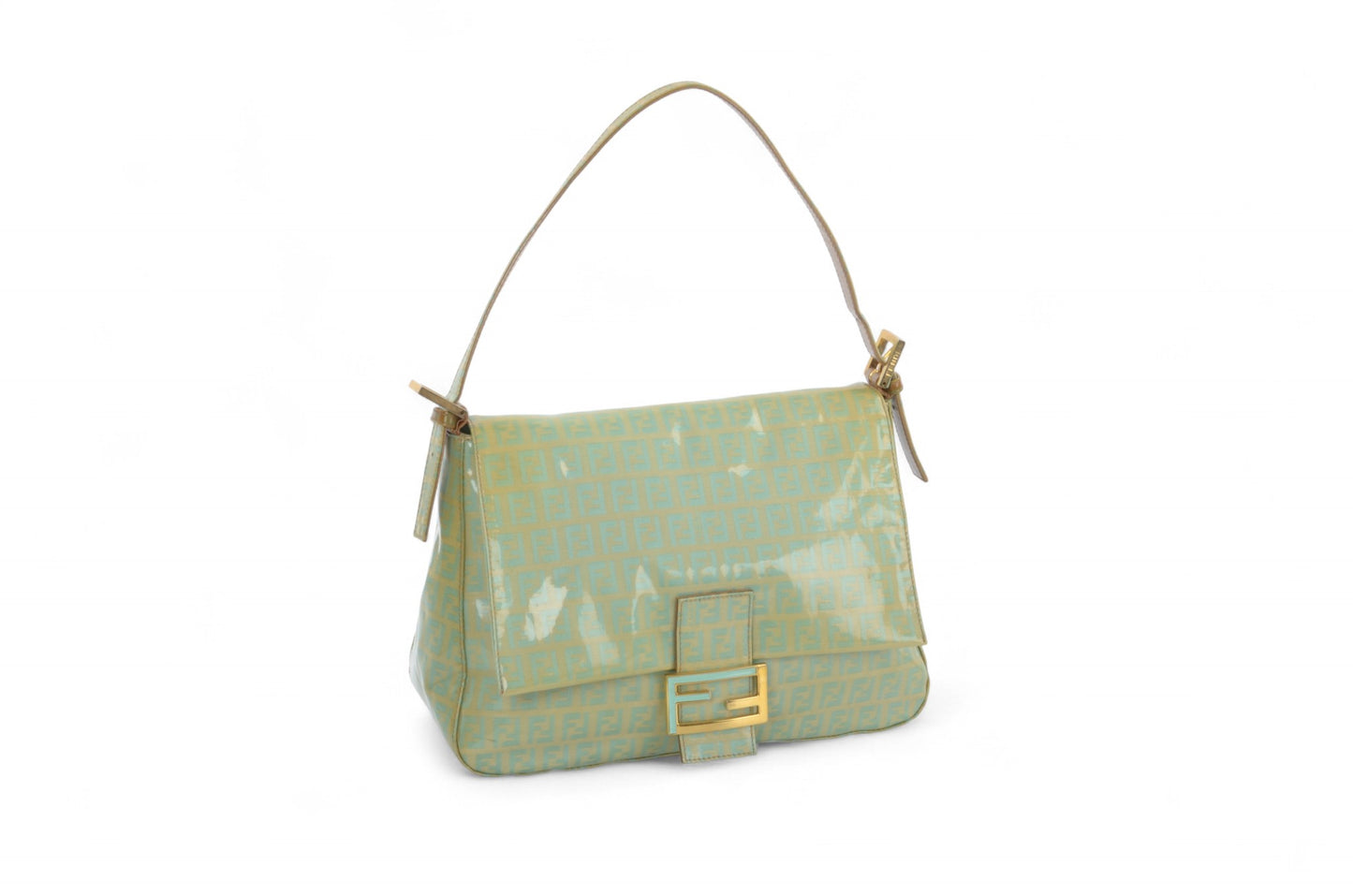 Fendi Mamma Baguette Zucca Shoulder Bag Handbag Patent Leather Vintage Turquoise Mint Designer Classic Rare Authentic