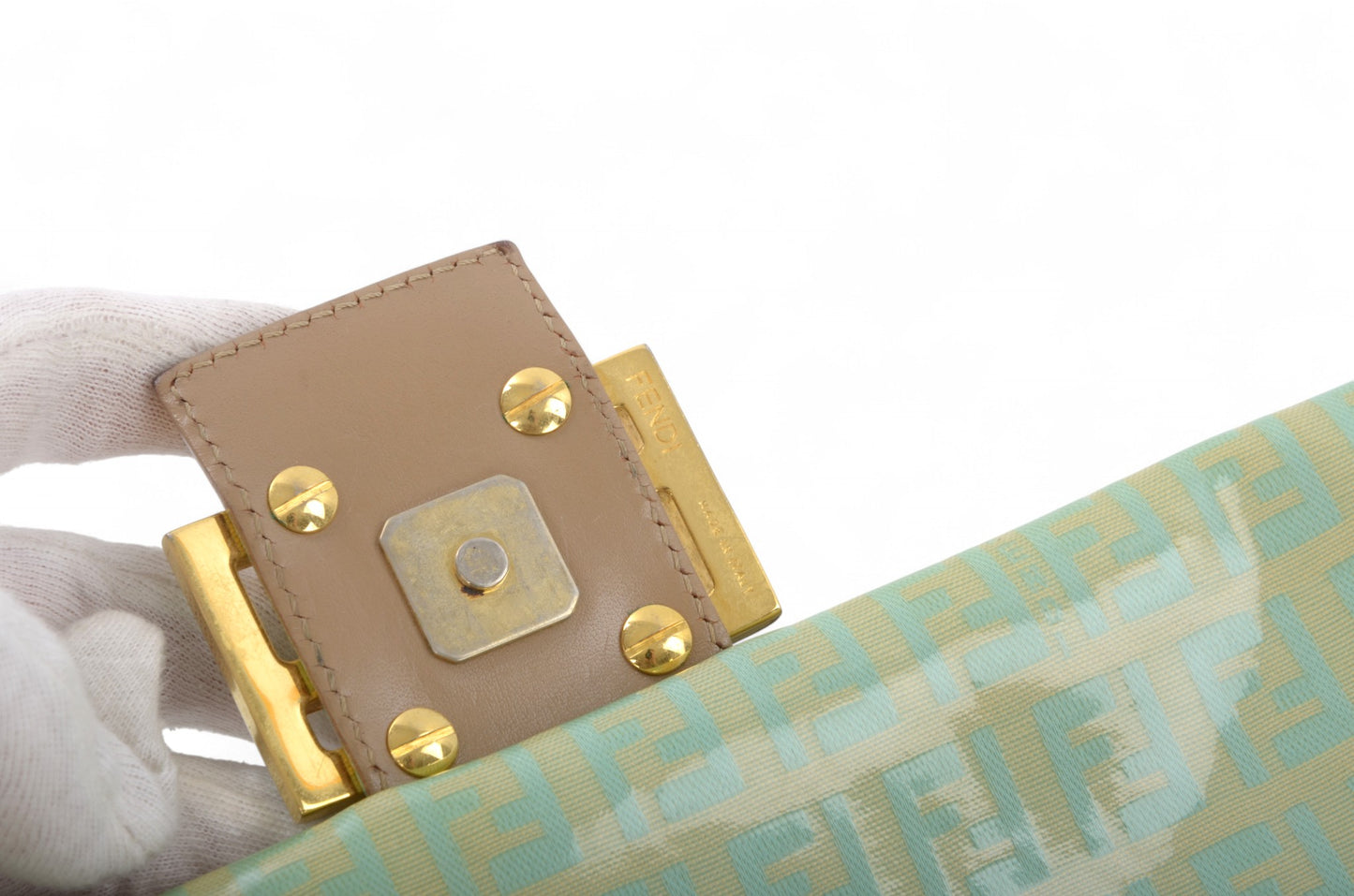 Fendi Mamma Baguette Zucca Shoulder Bag Handbag Patent Leather Vintage Turquoise Mint Designer Classic Rare Authentic