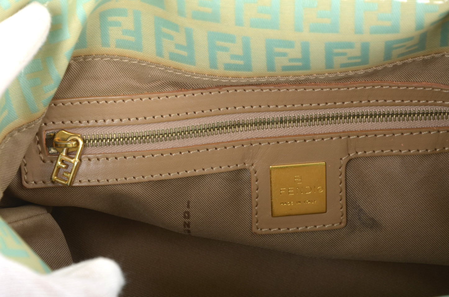 Fendi Mamma Baguette Zucca Shoulder Bag Handbag Patent Leather Vintage Turquoise Mint Designer Classic Rare Authentic