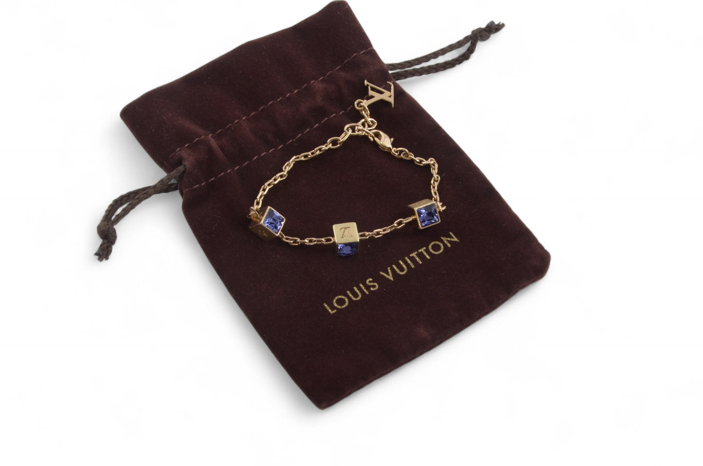 Louis Vuitton Monogram Gamble Dice Crystal Gold Tone Chain Bracelet Stones Designer Classic Authentic