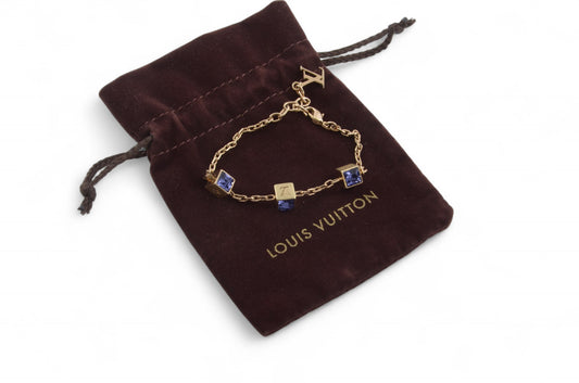 Louis Vuitton Monogram Gamble Dice Crystal Gold Tone Chain Bracelet Stones Designer Classic Authentic