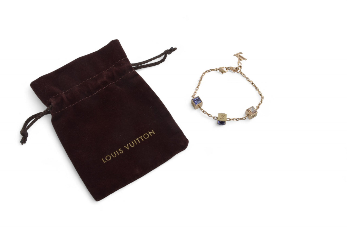 Louis Vuitton Monogram Gamble Dice Crystal Gold Tone Chain Bracelet Stones Designer Classic Authentic