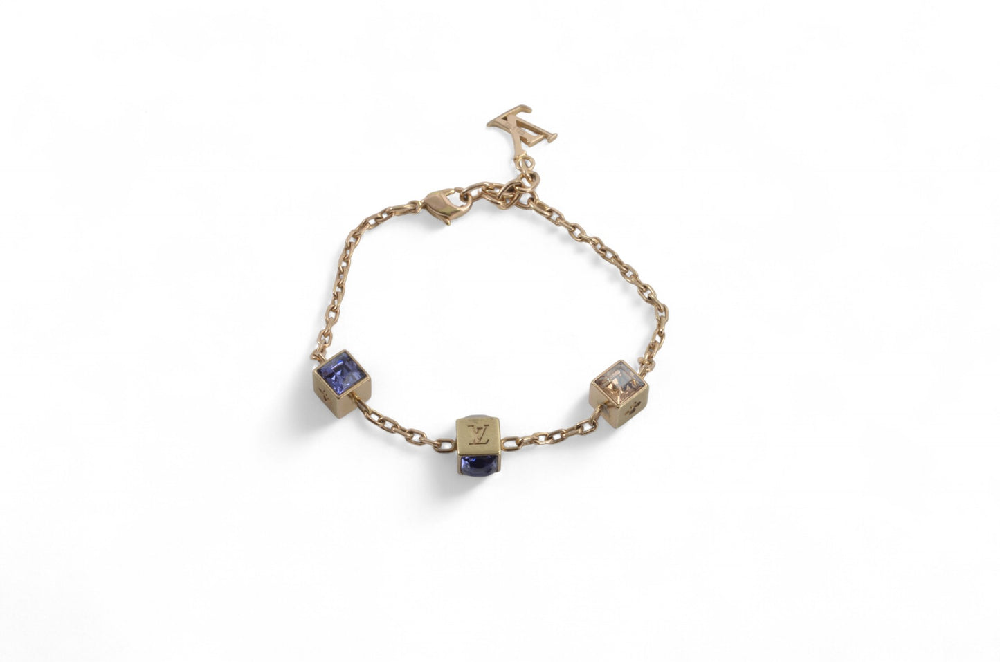 Louis Vuitton Monogram Gamble Dice Crystal Gold Tone Chain Bracelet Stones Designer Classic Authentic