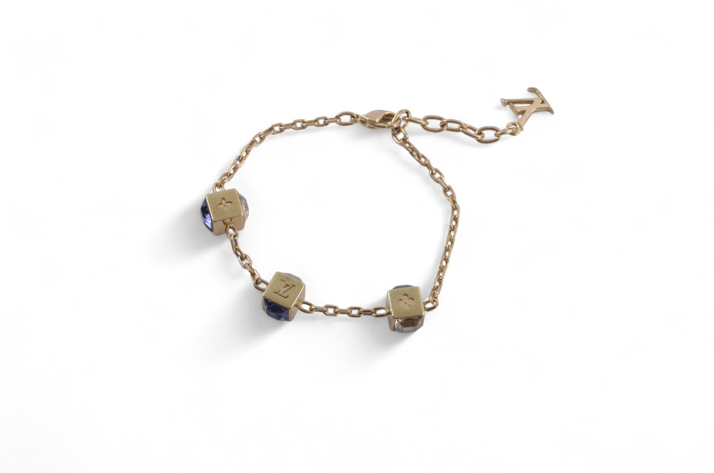 Louis Vuitton Monogram Gamble Dice Crystal Gold Tone Chain Bracelet Stones Designer Classic Authentic