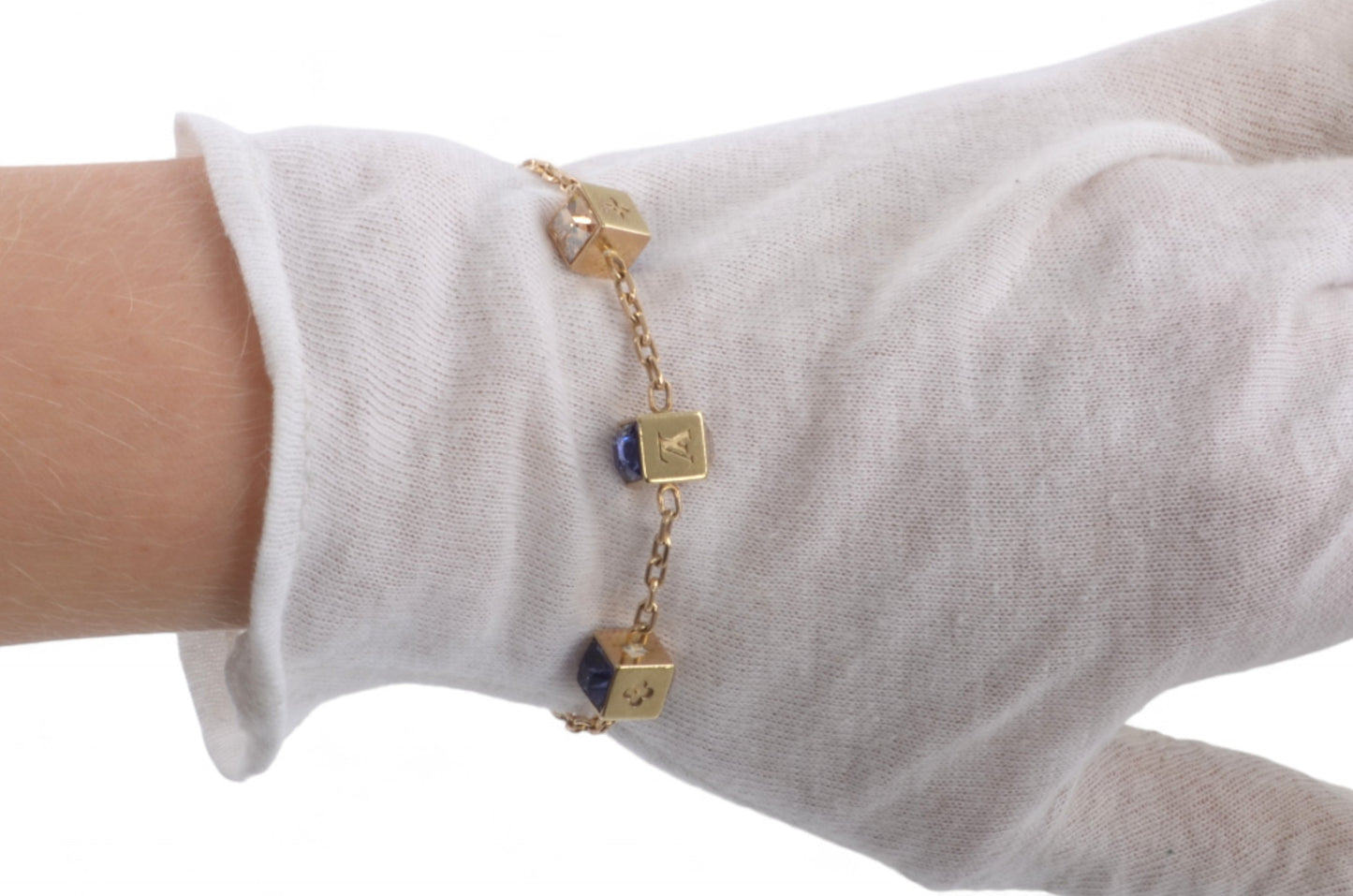 Louis Vuitton Monogram Gamble Dice Crystal Gold Tone Chain Bracelet Stones Designer Classic Authentic