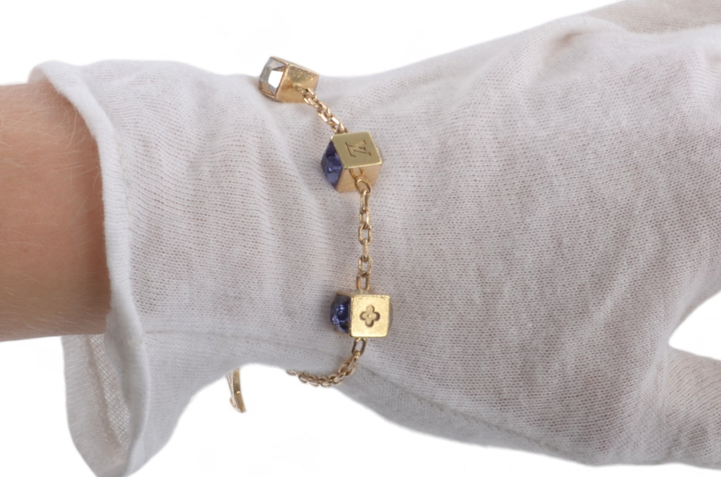 Louis Vuitton Monogram Gamble Dice Crystal Gold Tone Chain Bracelet Stones Designer Classic Authentic
