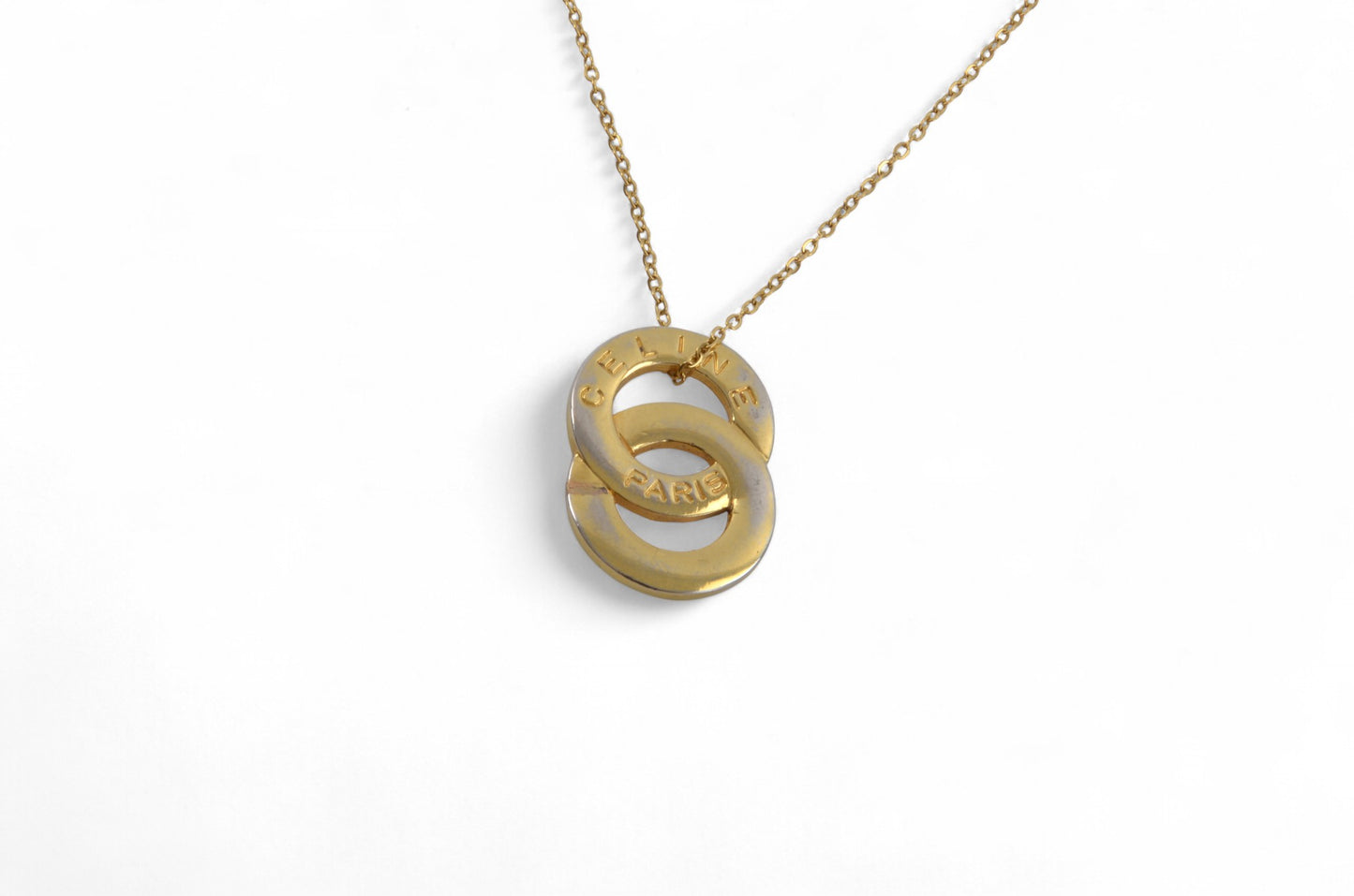 Celine Vintage Double Circle Logo Medallion Necklace Gold Plated Statement Pendant Designer Classic Jewelry Authentic