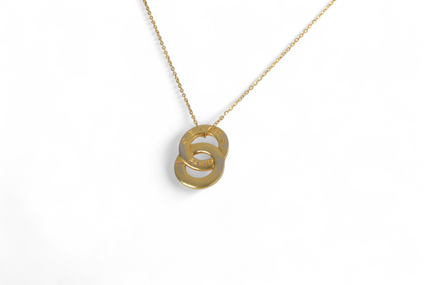 Celine Vintage Double Circle Logo Medallion Necklace Gold Plated Statement Pendant Designer Classic Jewelry Authentic