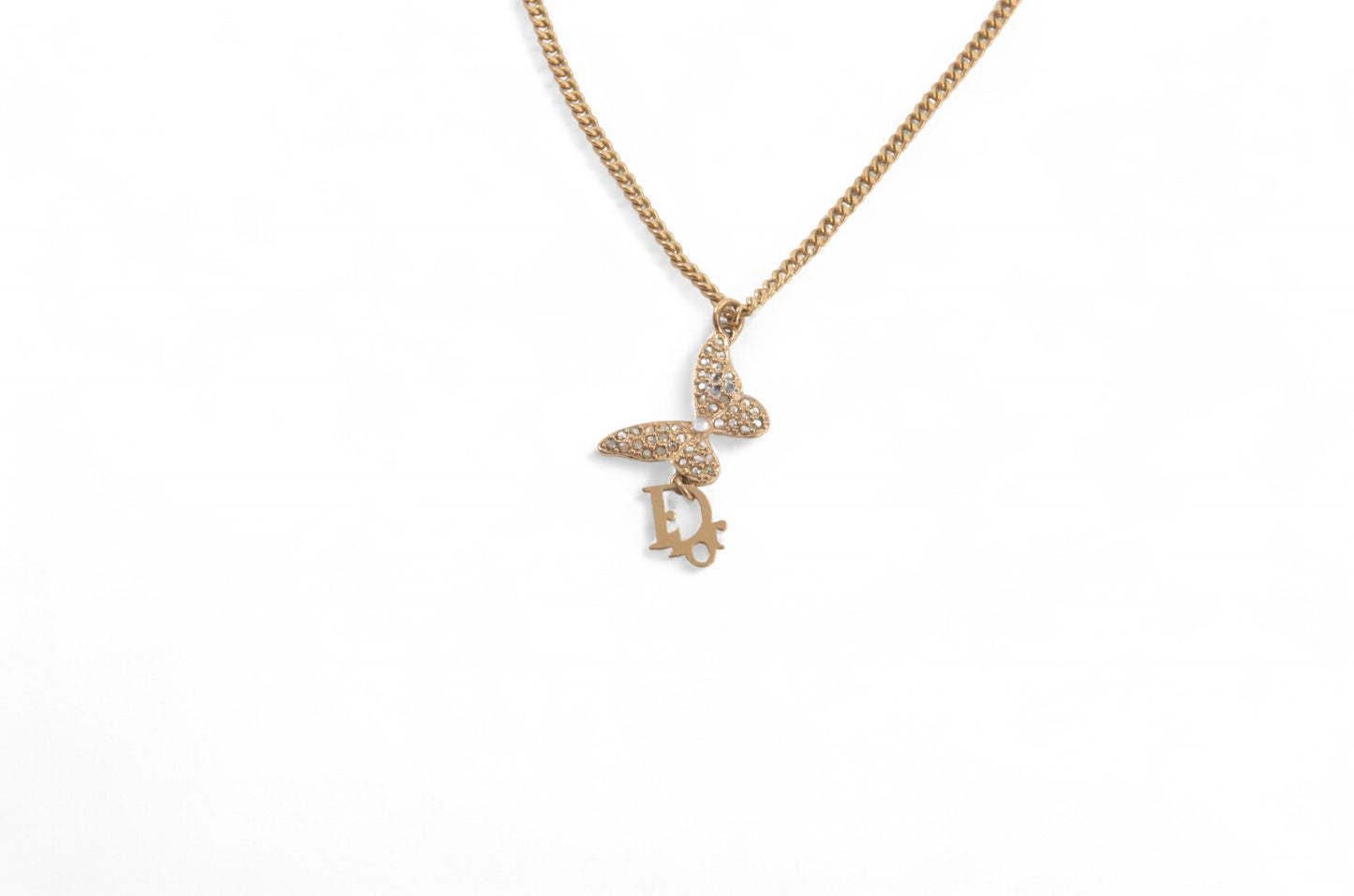 Christian Dior Crystal Oblique Butterfly Pendant Necklace Vintage Logo Gold Plated  Designer Classic Jewelry Authentic