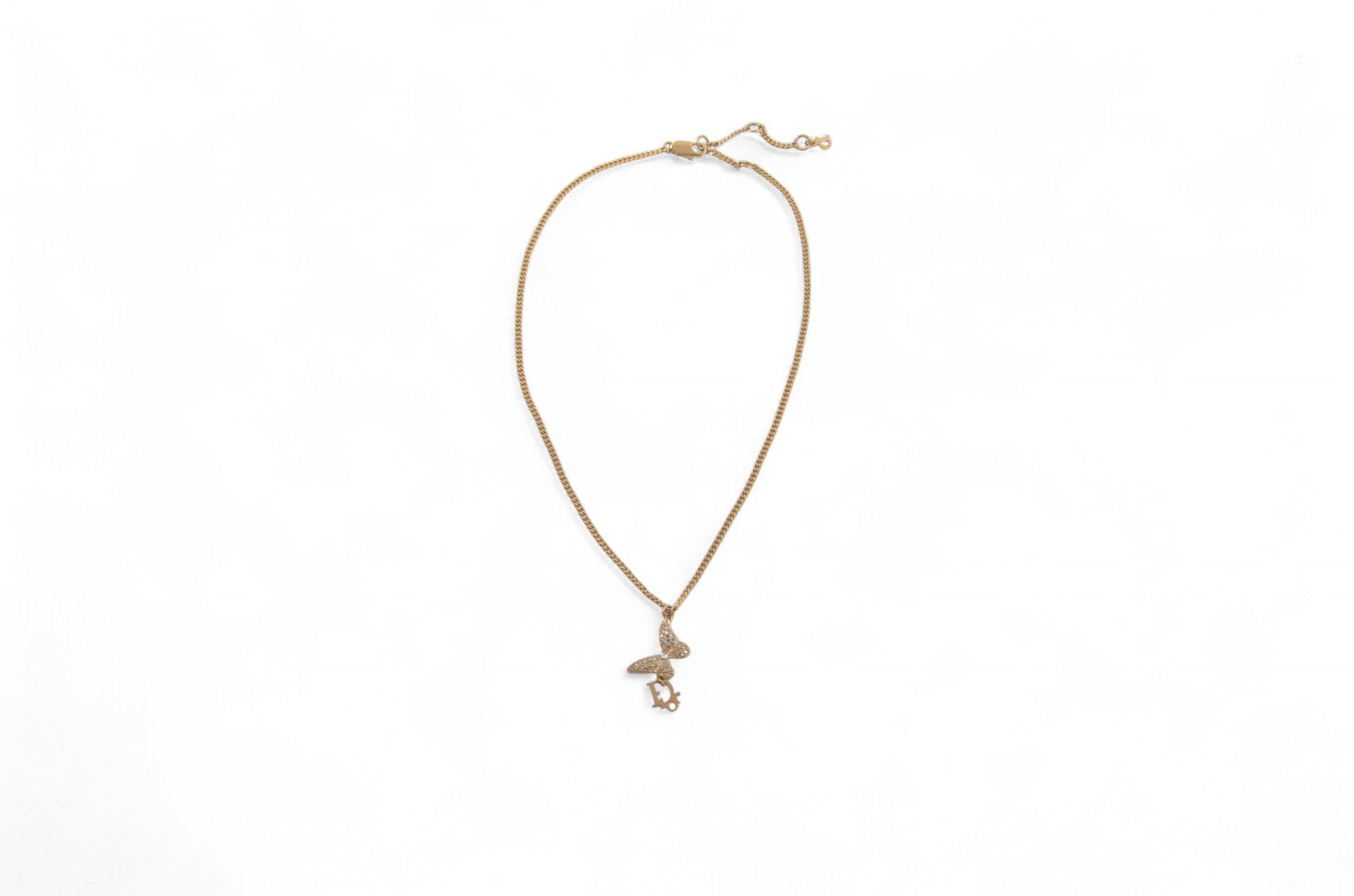 Christian Dior Crystal Oblique Butterfly Pendant Necklace Vintage Logo Gold Plated  Designer Classic Jewelry Authentic