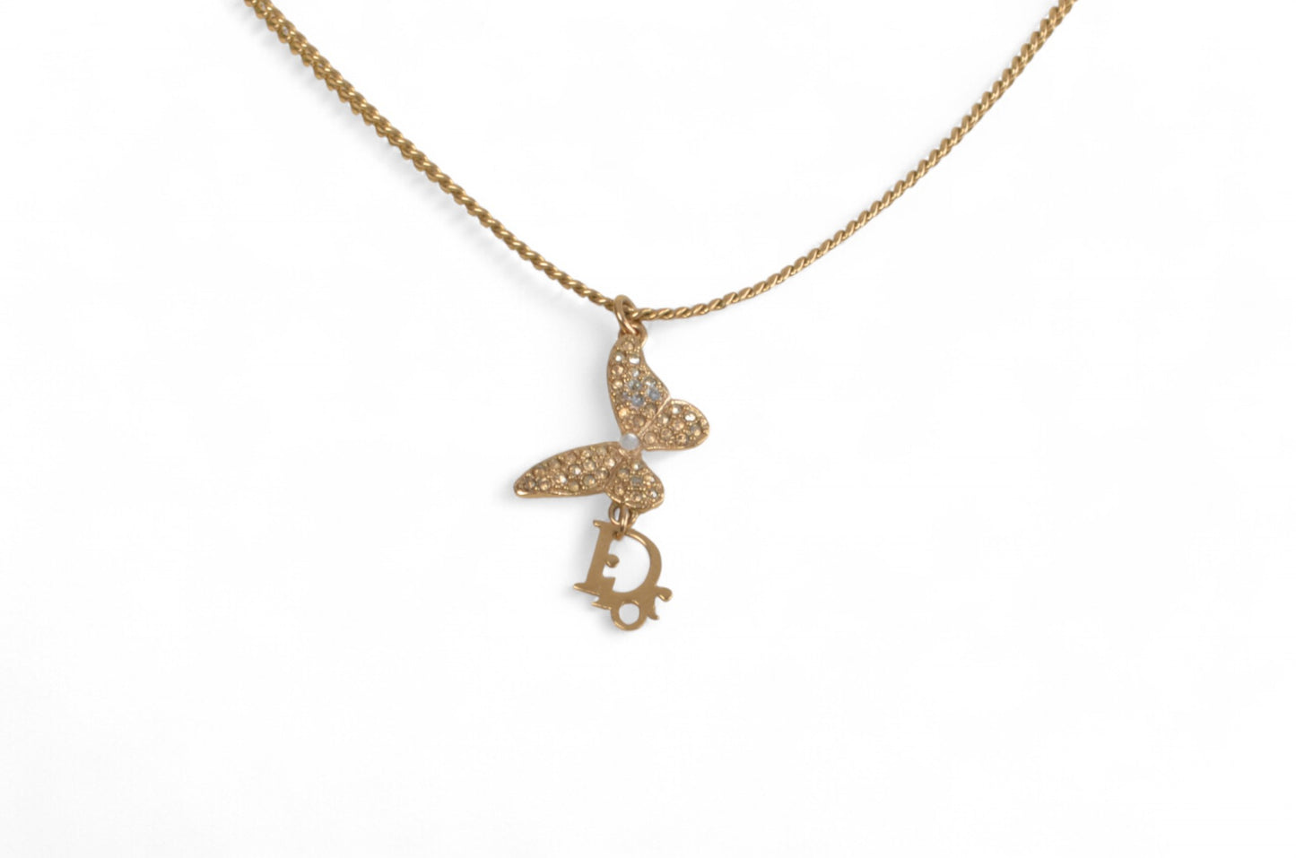 Christian Dior Crystal Oblique Butterfly Pendant Necklace Vintage Logo Gold Plated  Designer Classic Jewelry Authentic