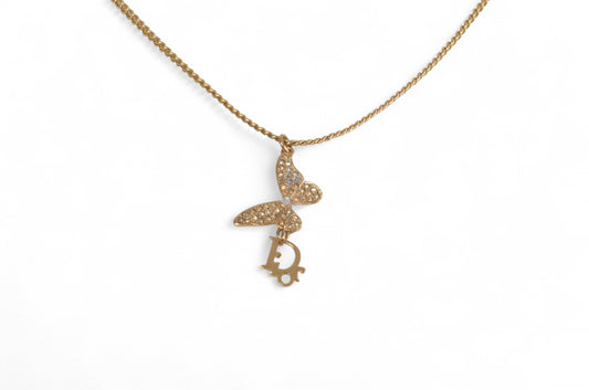 Christian Dior Crystal Oblique Butterfly Pendant Necklace Vintage Logo Gold Plated  Designer Classic Jewelry Authentic