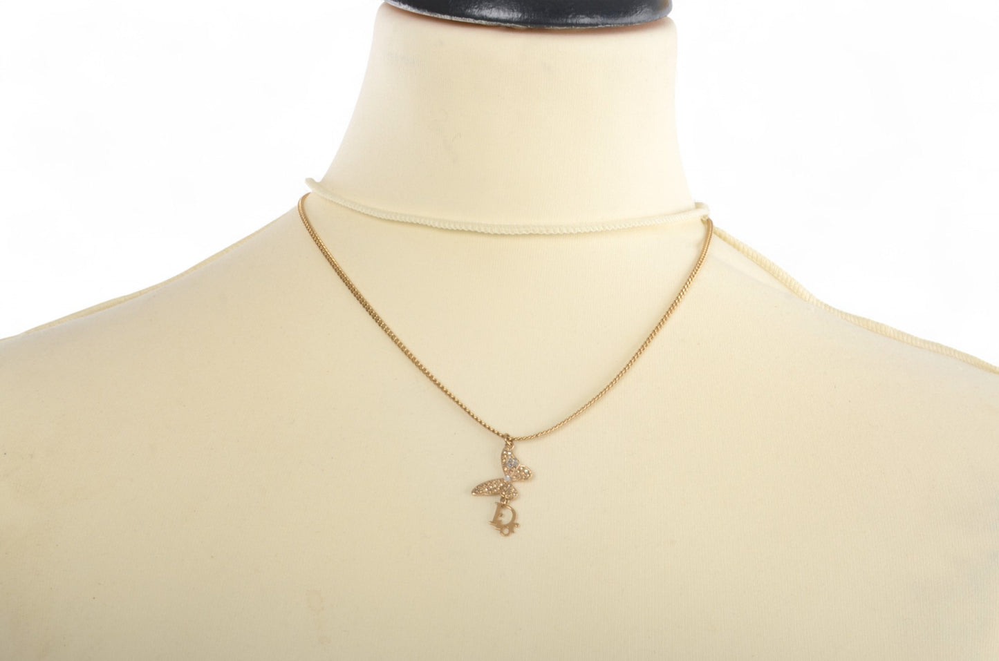 Christian Dior Crystal Oblique Butterfly Pendant Necklace Vintage Logo Gold Plated  Designer Classic Jewelry Authentic