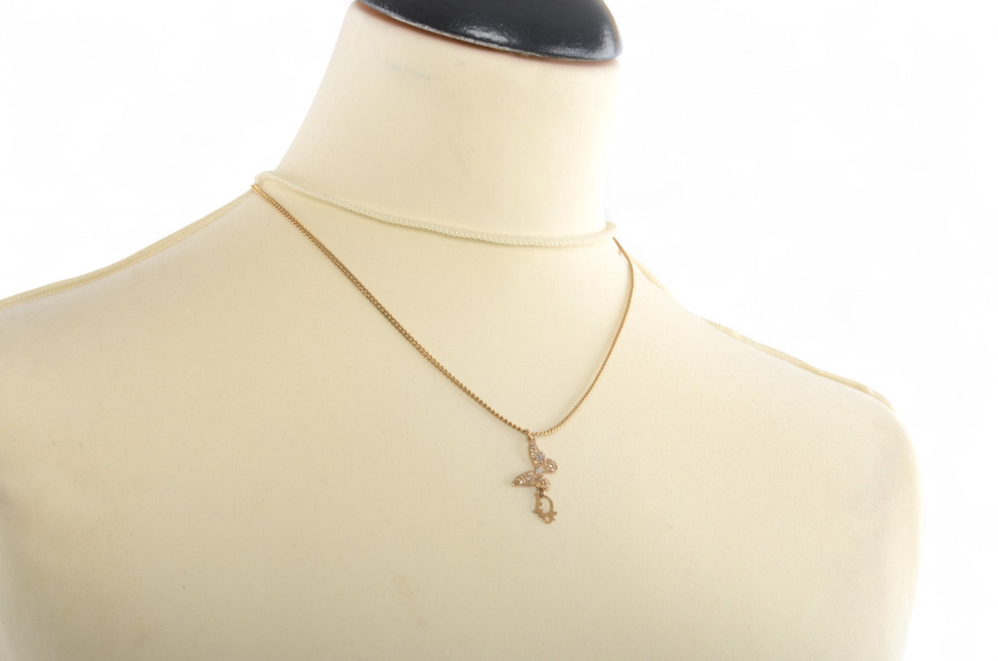 Christian Dior Crystal Oblique Butterfly Pendant Necklace Vintage Logo Gold Plated  Designer Classic Jewelry Authentic