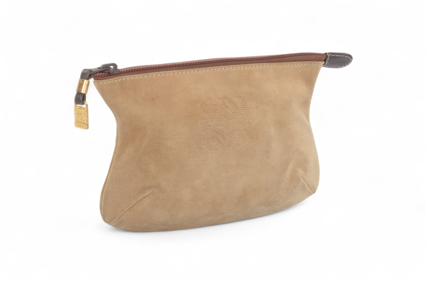 Loewe Anagram Nappa Suede Second Bag Toiletry Travel Makeup Cosmetic Bag Beige Pouch Multi-Case