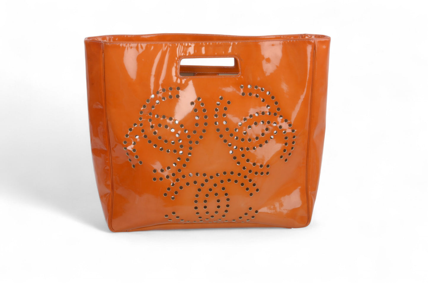 Chanel CC Triple Logo Enamel Tote Bag Handbag Patent Leather Orange Vintage Designer Classic Authentic