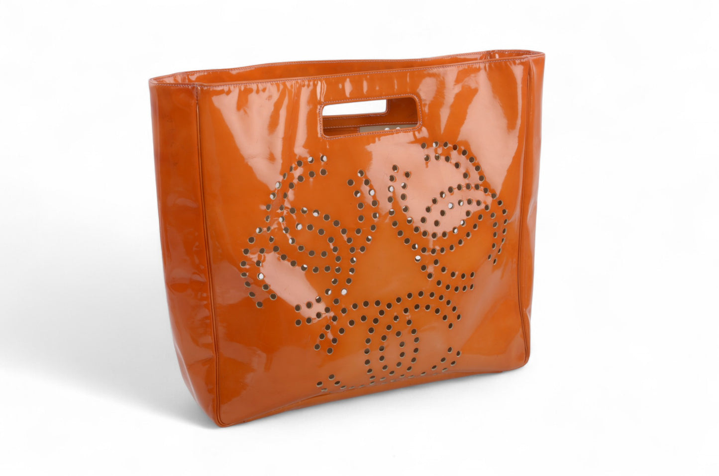 Chanel CC Triple Logo Enamel Tote Bag Handbag Patent Leather Orange Vintage Designer Classic Authentic