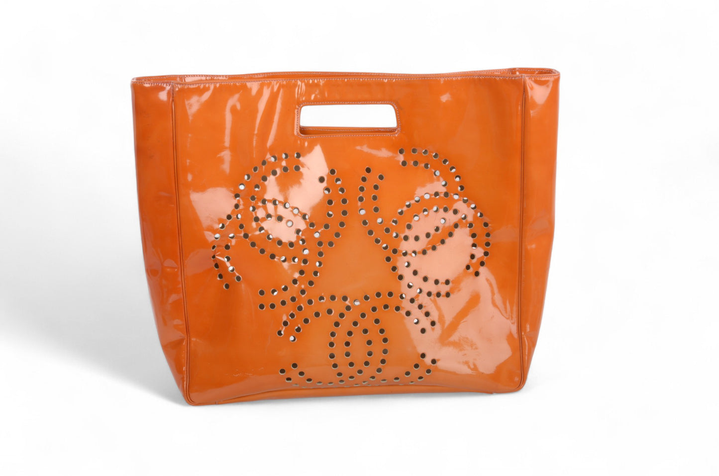 Chanel CC Triple Logo Enamel Tote Bag Handbag Patent Leather Orange Vintage Designer Classic Authentic