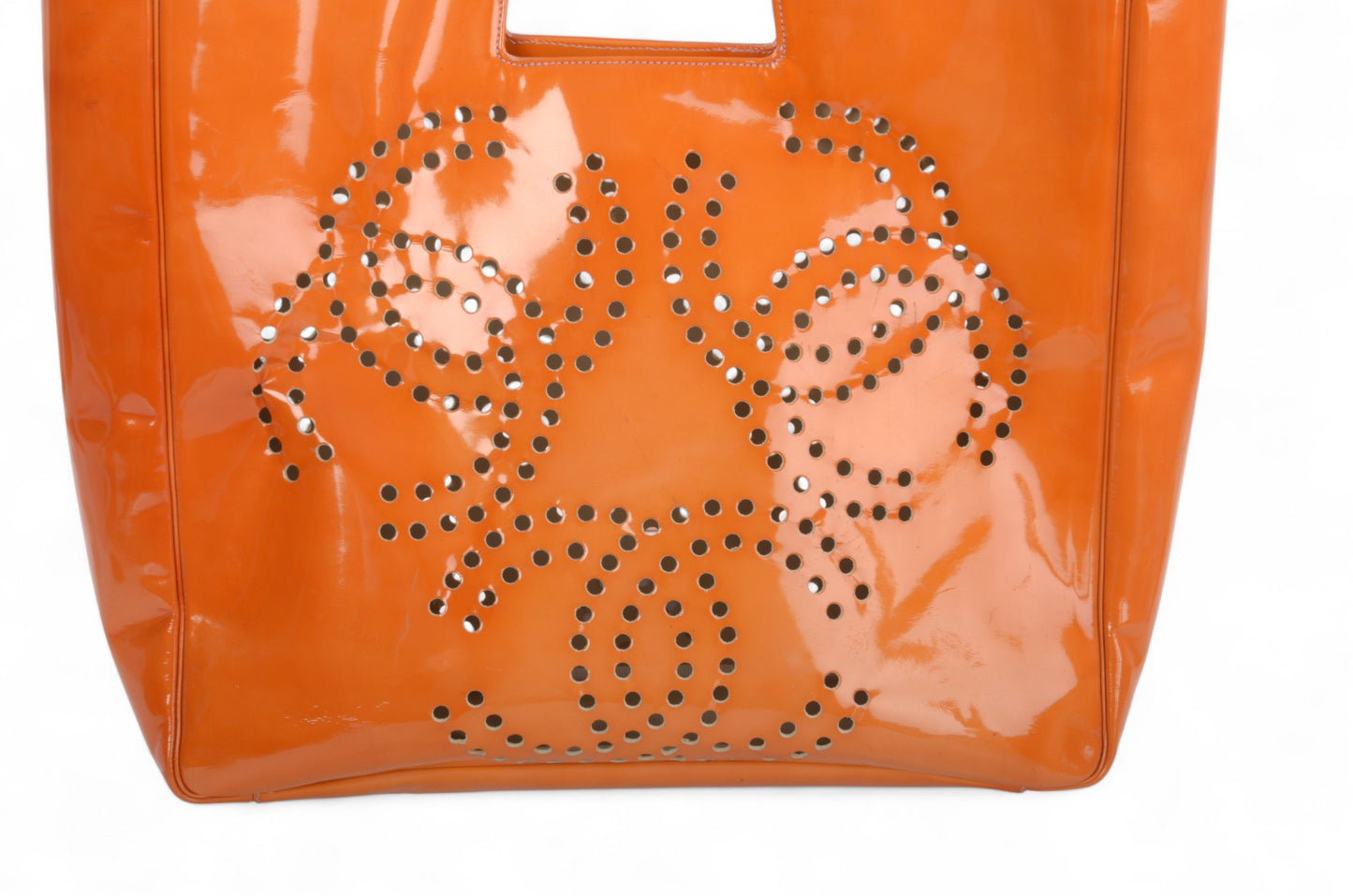 Chanel CC Triple Logo Enamel Tote Bag Handbag Patent Leather Orange Vintage Designer Classic Authentic