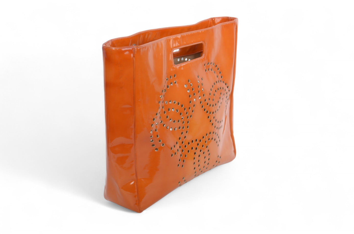 Chanel CC Triple Logo Enamel Tote Bag Handbag Patent Leather Orange Vintage Designer Classic Authentic