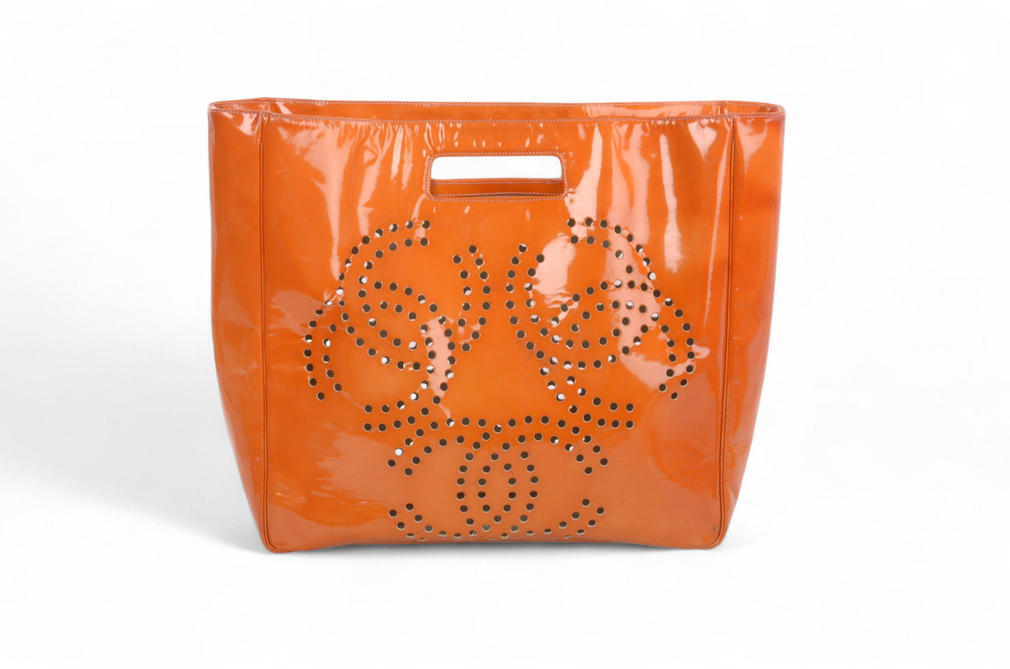 Chanel CC Triple Logo Enamel Tote Bag Handbag Patent Leather Orange Vintage Designer Classic Authentic