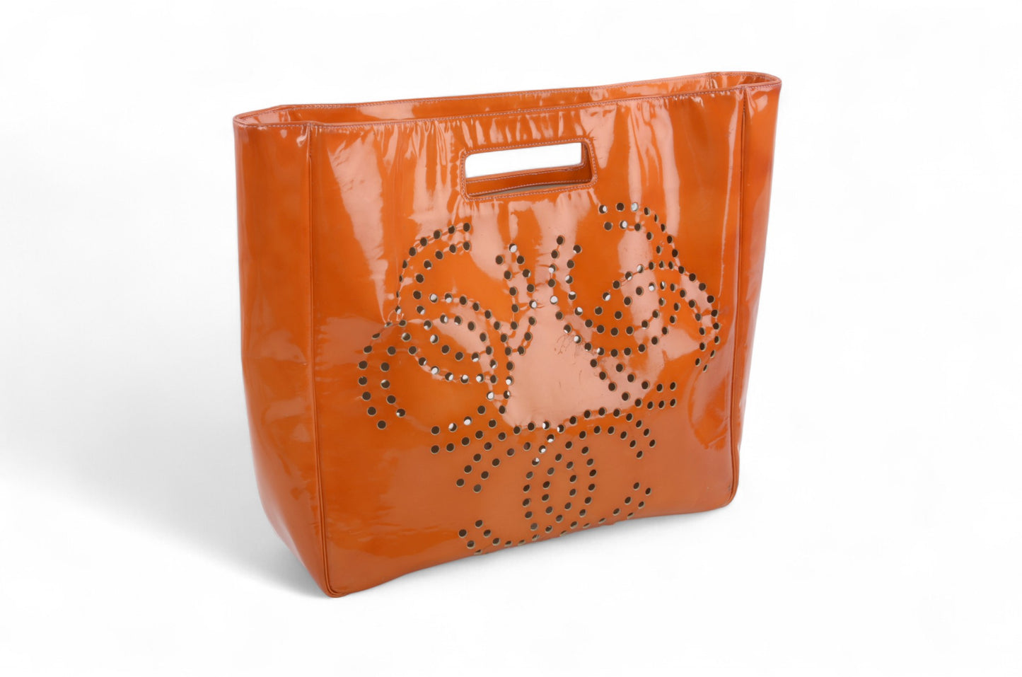 Chanel CC Triple Logo Enamel Tote Bag Handbag Patent Leather Orange Vintage Designer Classic Authentic