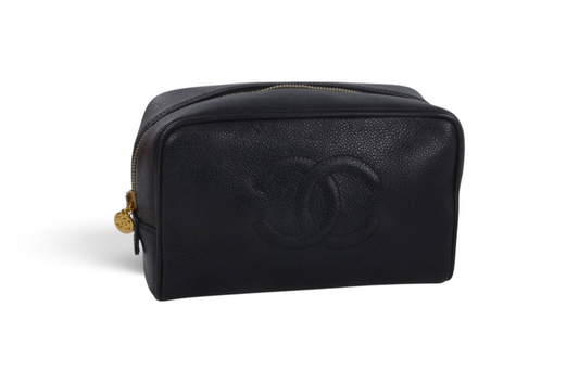 Chanel Vanity Toiletry Bag CC Logo Vintage Caviar Leather Black Make Up Pouch Designer Classic