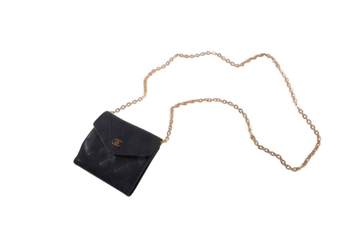 Chanel Wallet Vintage Black Caviar Leather Coco Bi-fold Coin Purse Designer Classic