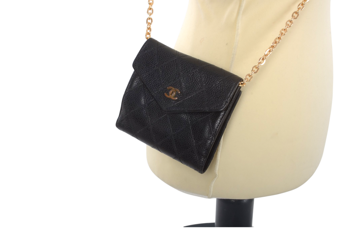 Chanel Wallet Vintage Black Caviar Leather Coco Bi-fold Coin Purse Designer Classic