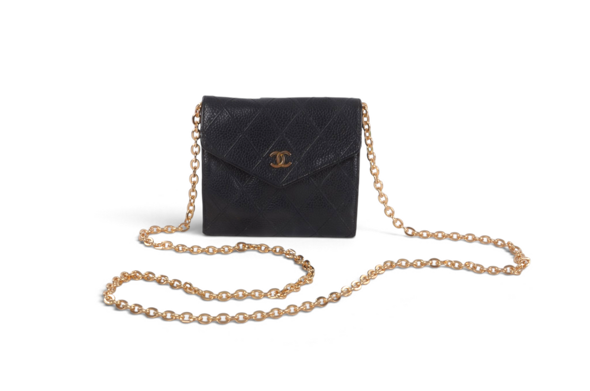 Chanel Wallet Vintage Black Caviar Leather Coco Bi-fold Coin Purse Designer Classic