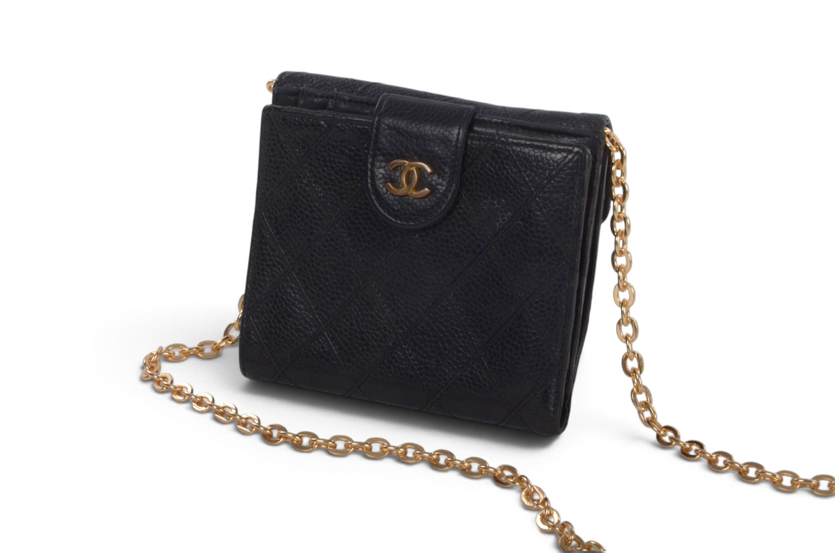 Chanel Wallet Vintage Black Caviar Leather Coco Bi-fold Coin Purse Designer Classic