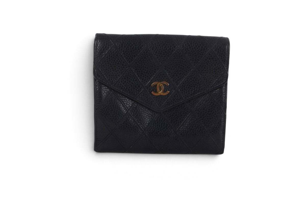 Chanel Wallet Vintage Black Caviar Leather Coco Bi-fold Coin Purse Designer Classic