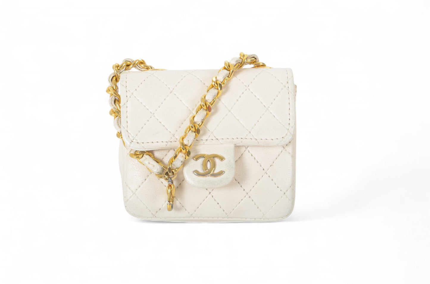 Chanel White Micro Bag Chain Belt Waist Bag Coco Mark Shoulder Pouch White 2way Lambskin Vintage