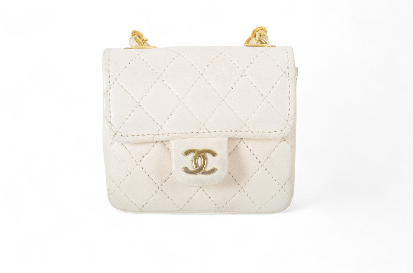 Chanel White Micro Bag Chain Belt Waist Bag Coco Mark Shoulder Pouch White 2way Lambskin Vintage