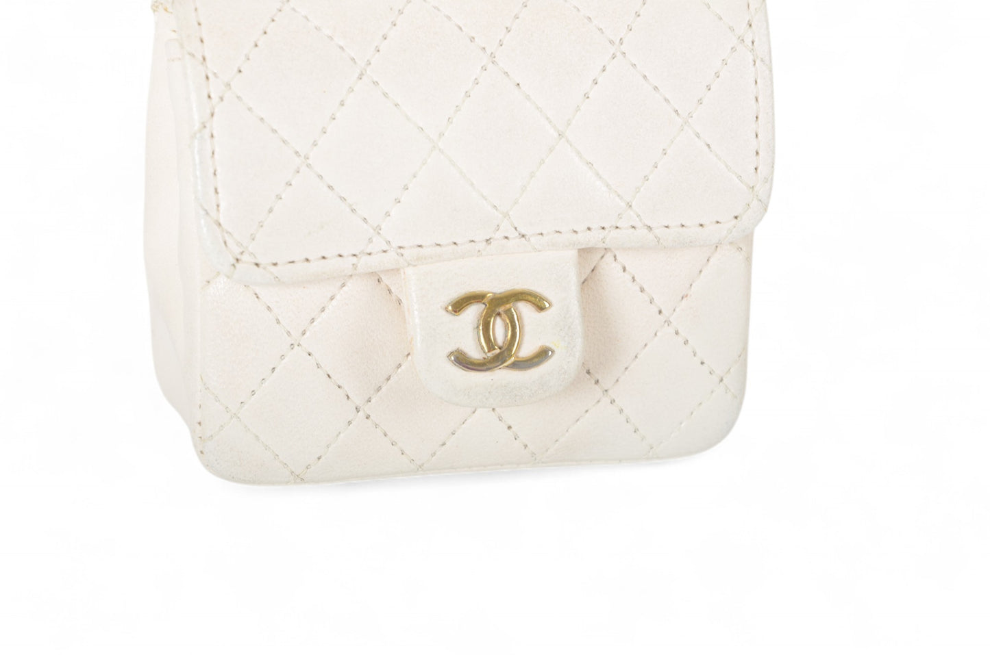 Chanel White Micro Bag Chain Belt Waist Bag Coco Mark Shoulder Pouch White 2way Lambskin Vintage