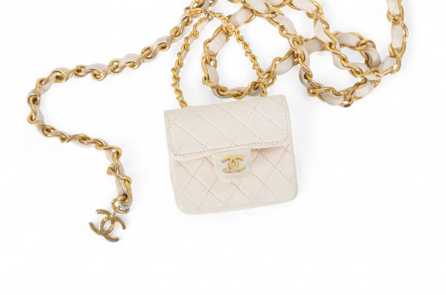 Chanel White Micro Bag Chain Belt Waist Bag Coco Mark Shoulder Pouch White 2way Lambskin Vintage
