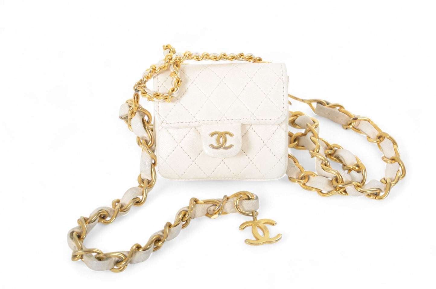 Chanel White Micro Bag Chain Belt Waist Bag Coco Mark Shoulder Pouch White 2way Lambskin Vintage