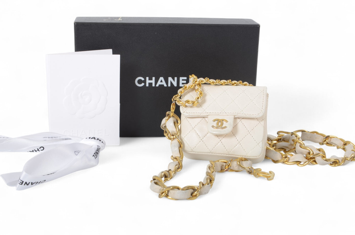 Chanel White Micro Bag Chain Belt Waist Bag Coco Mark Shoulder Pouch White 2way Lambskin Vintage