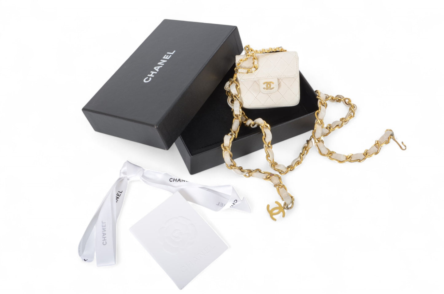 Chanel White Micro Bag Chain Belt Waist Bag Coco Mark Shoulder Pouch White 2way Lambskin Vintage