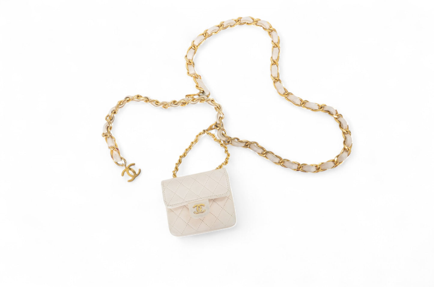 Chanel White Micro Bag Chain Belt Waist Bag Coco Mark Shoulder Pouch White 2way Lambskin Vintage