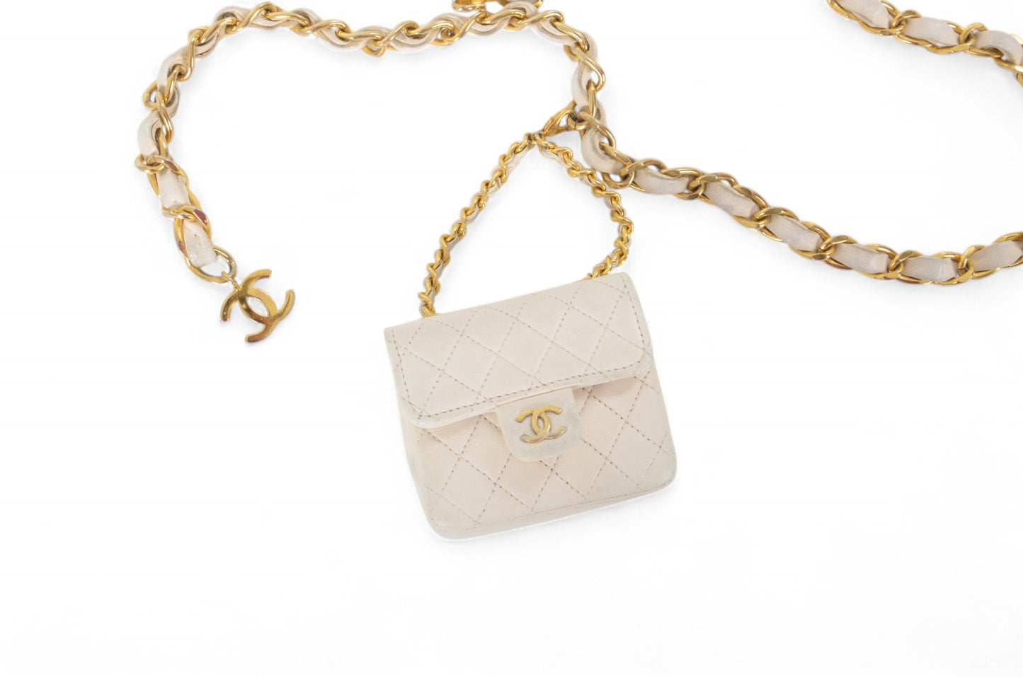 Chanel White Micro Bag Chain Belt Waist Bag Coco Mark Shoulder Pouch White 2way Lambskin Vintage