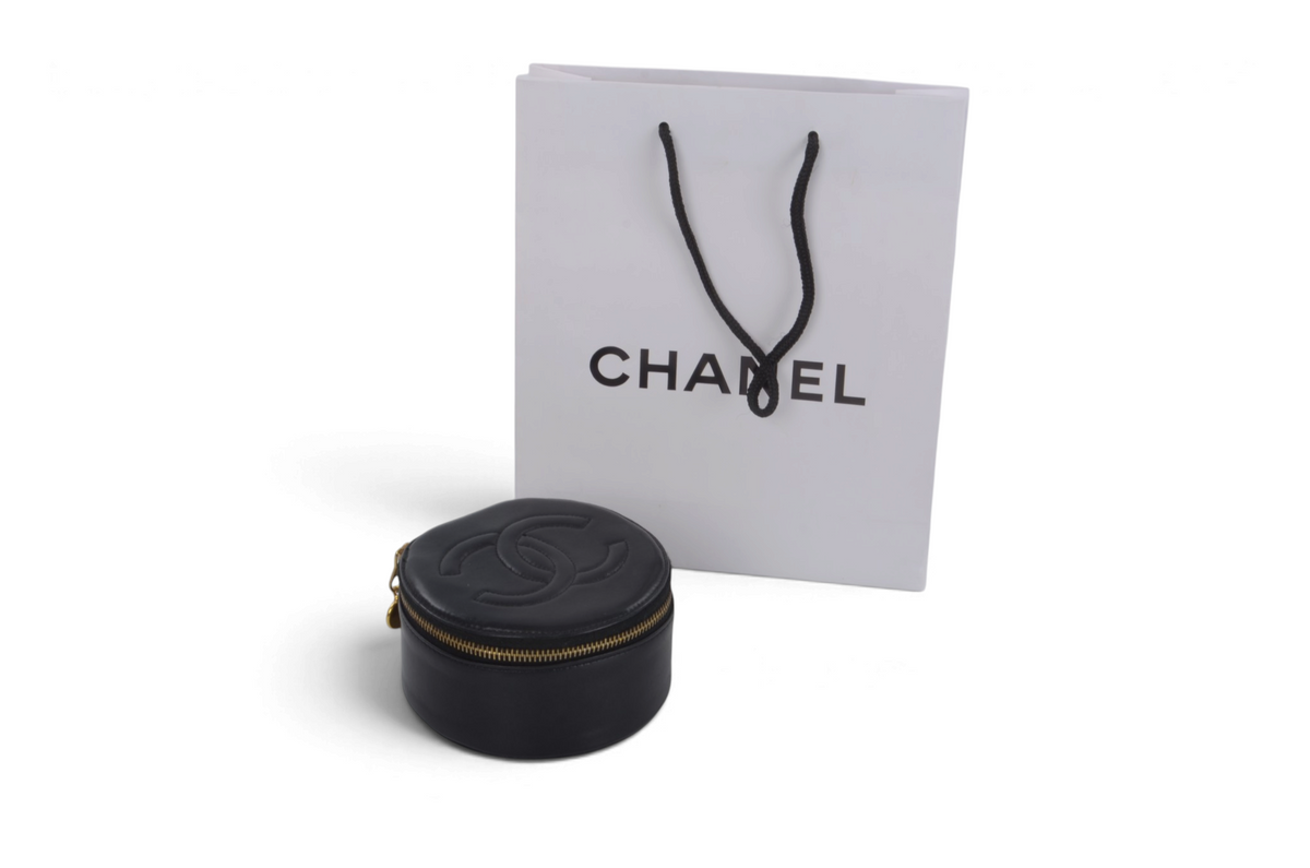 Chanel Jewelry Case Box Travel Vanity Bag CC Logo Vintage Lambskin Leather Black Make Up Pouch Designer Classic