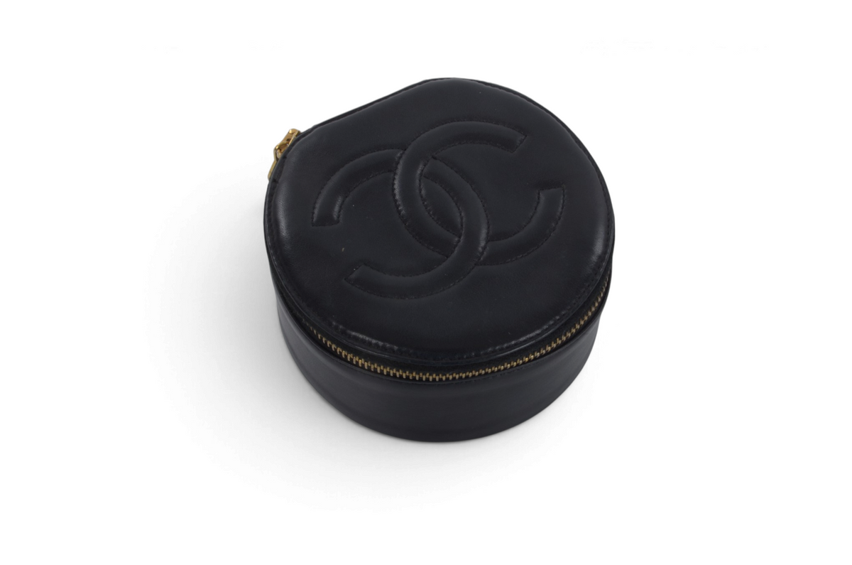 Chanel Jewelry Case Box Travel Vanity Bag CC Logo Vintage Lambskin Leather Black Make Up Pouch Designer Classic