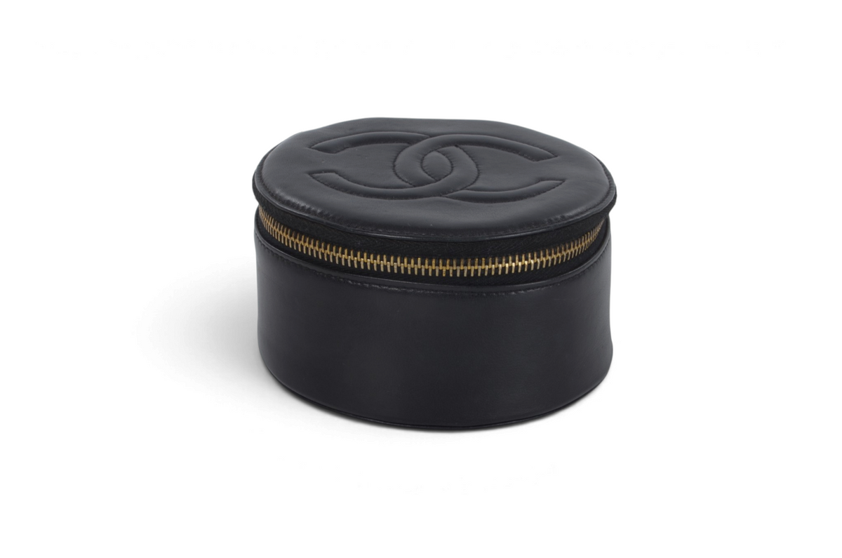 Chanel Jewelry Case Box Travel Vanity Bag CC Logo Vintage Lambskin Leather Black Make Up Pouch Designer Classic