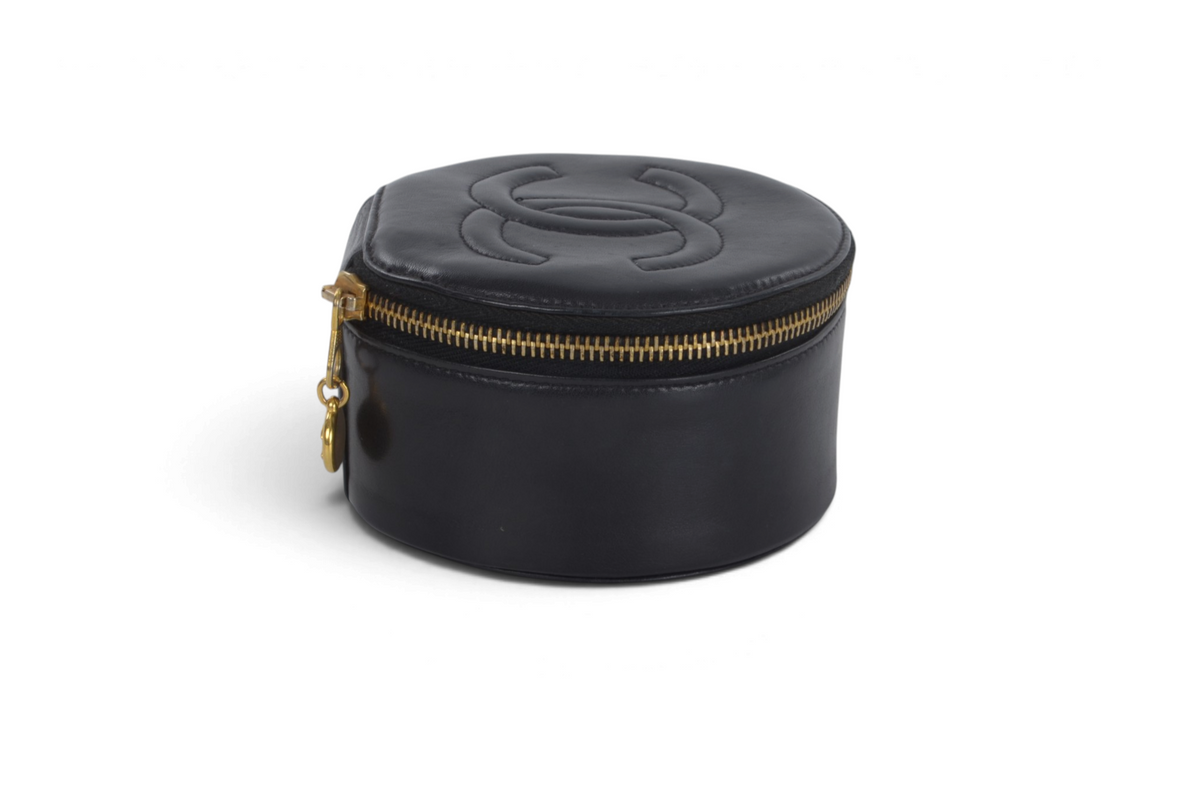 Chanel Jewelry Case Box Travel Vanity Bag CC Logo Vintage Lambskin Leather Black Make Up Pouch Designer Classic